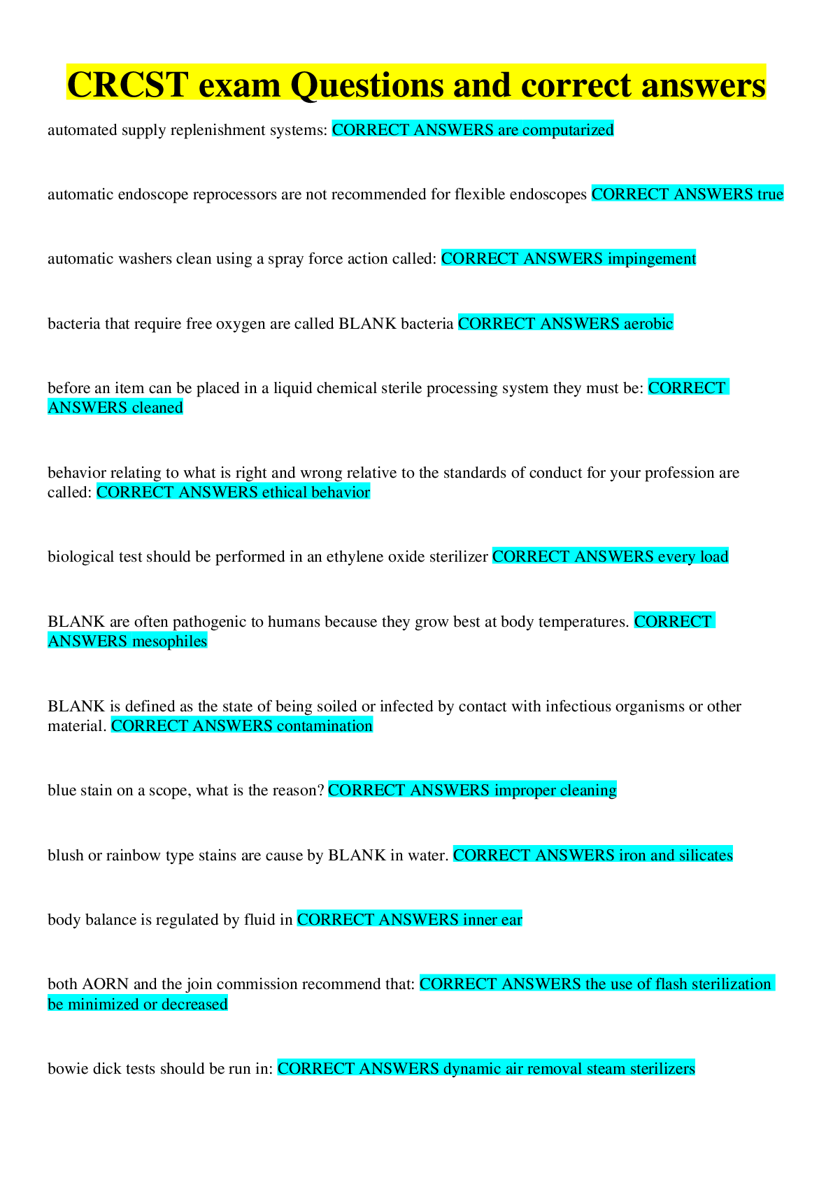 Preview image for CRCST exam Questions and correct answers